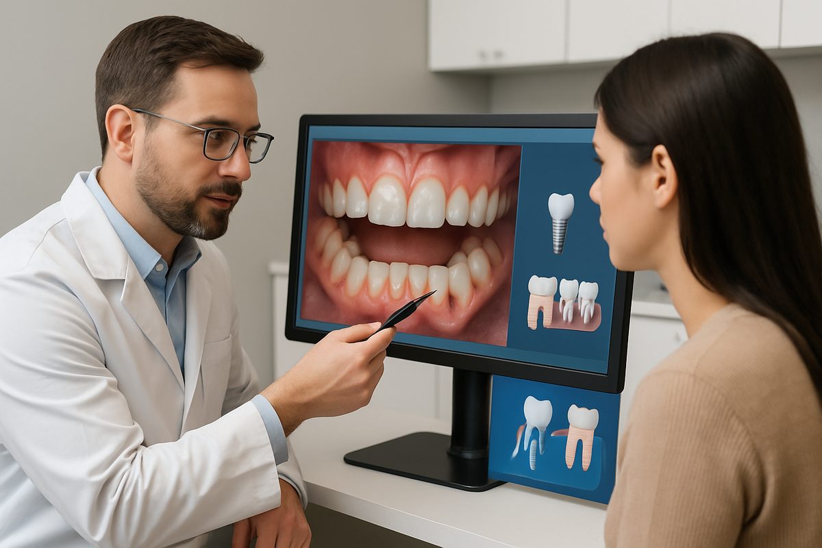 A dentist is pointing to a digital scan of a patient's mouth, highlighting the area where a molar is missing and needs replacing. The dentist is consulting with the patient on options for replacing the molar, such as a dental implant, bridge, or partial denture. No text on the image.