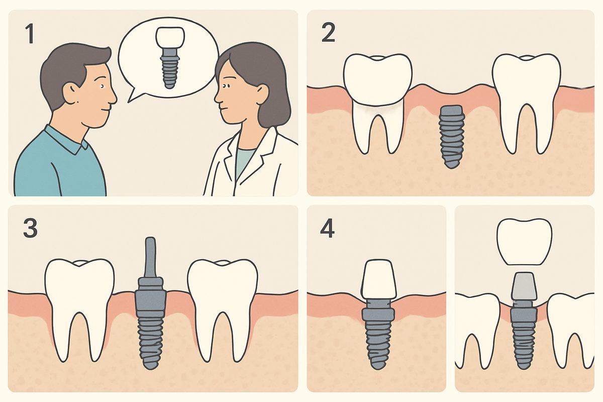 Image depicting the dental implant process step by step, showing a diagram of a multi-step implant with numbered stages from initial consultation to final crown placement. No text on the image.