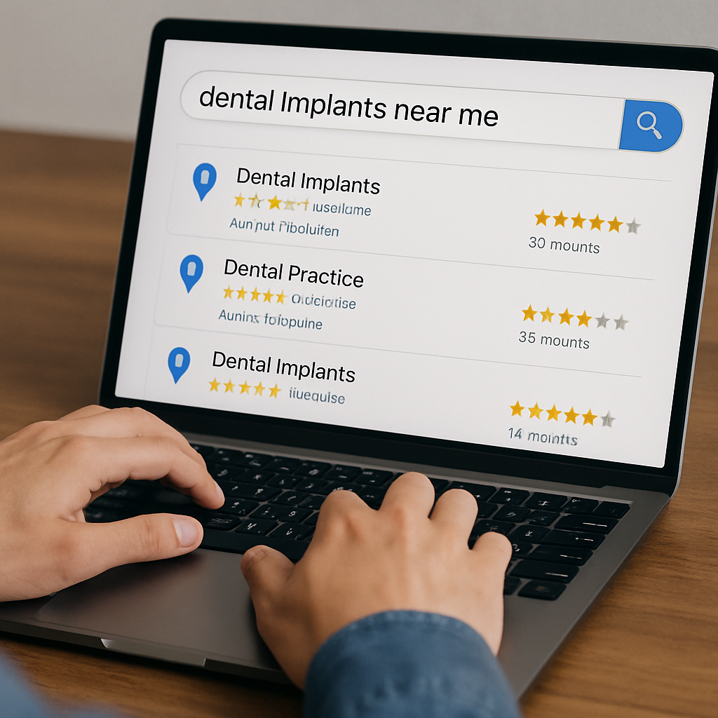 A person is typing on a laptop with the search term "dental.implants near me" in the search bar. The search results show various local dental practices with star ratings and patient reviews. No text on the image.