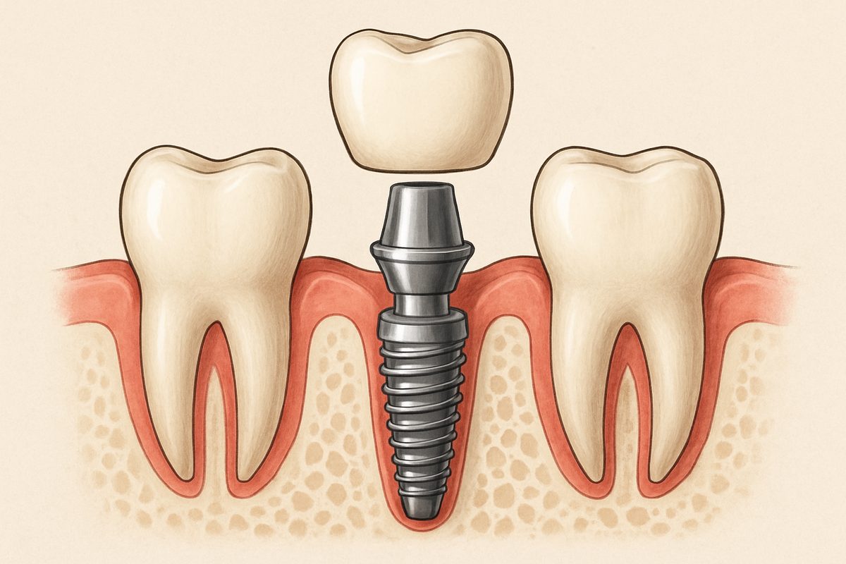 Illustration of a tooth implant being placed into a jawbone, with a clear view of the implant's components (screw, abutment, and crown). No text on image.