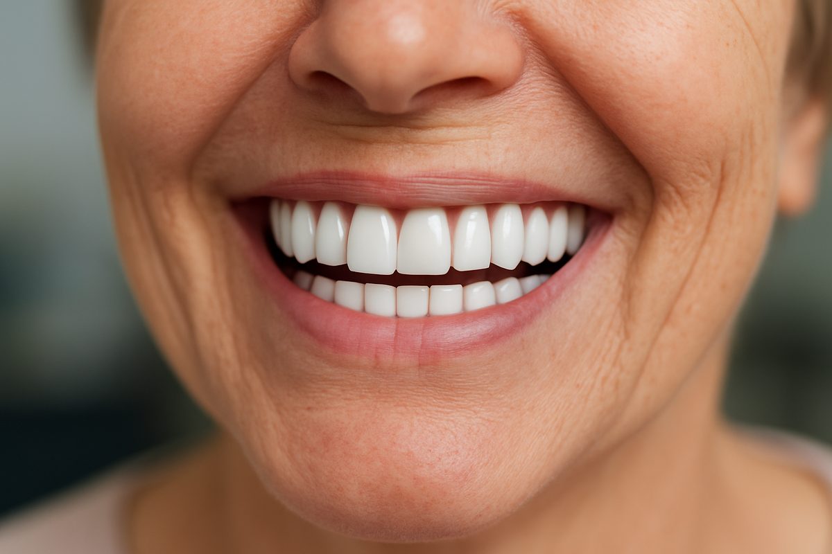 Image of a patient smiling, showing off their new "fixed teeth". The teeth are bright white and perfectly aligned. The image should be a close-up of the patient's mouth, with a blurred background. No text on image.