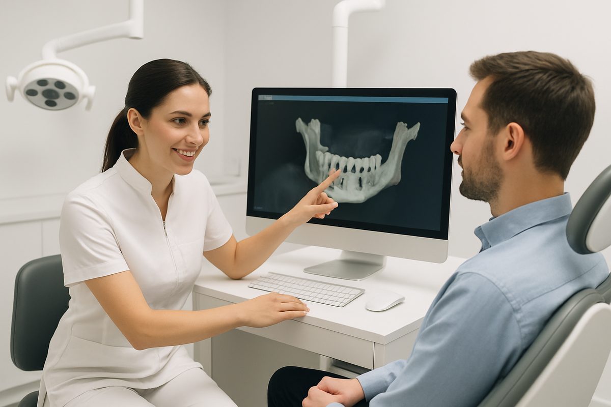 A modern, clean "implant dental clinic" office space with advanced dental technology visible. A dentist is consulting with a patient, pointing to a digital scan of their jaw. No text on the image.