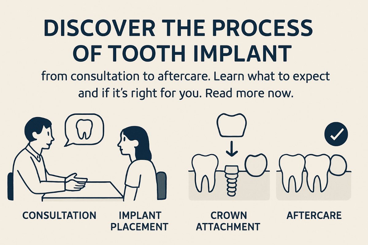 Image depicting a step-by-step visual guide of the process of tooth implant, from initial consultation and digital planning to final crown placement and aftercare. No text on image.