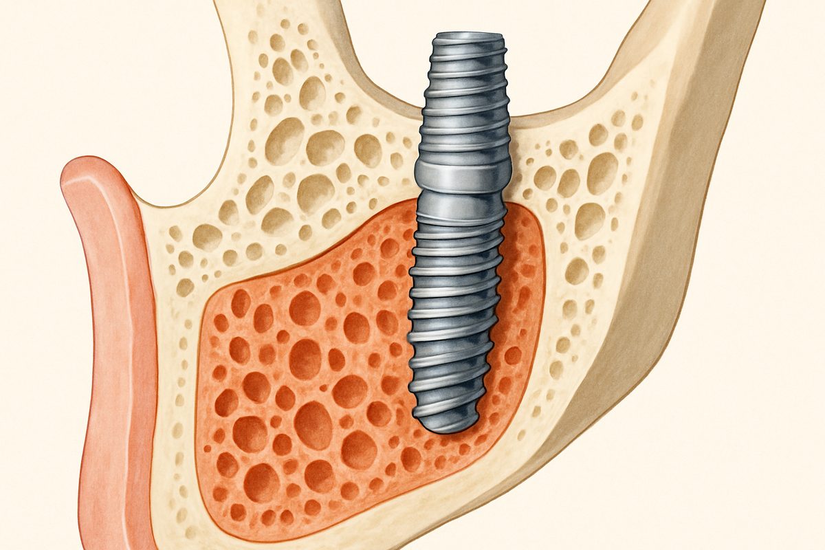 Illustration of a cross-section of a jawbone showing a bone graft integrating with existing bone, with a dental implant placed within the grafted area. The image should highlight the stability and support provided by the bone graft to the implant. No text on the image.