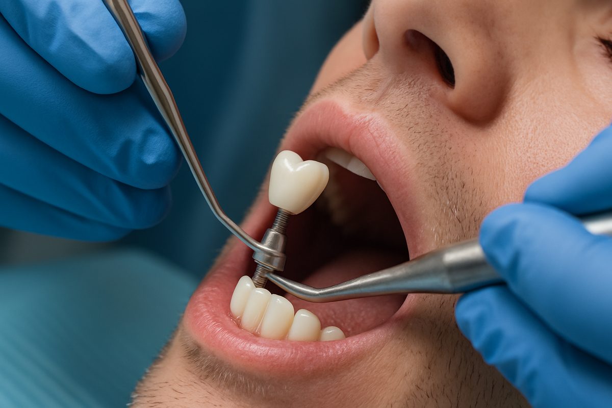 A close-up of a dentist carefully placing a one tooth dental implant into a patient's jawbone. The dentist is using specialized tools and techniques in a sterile environment. No text on the image.