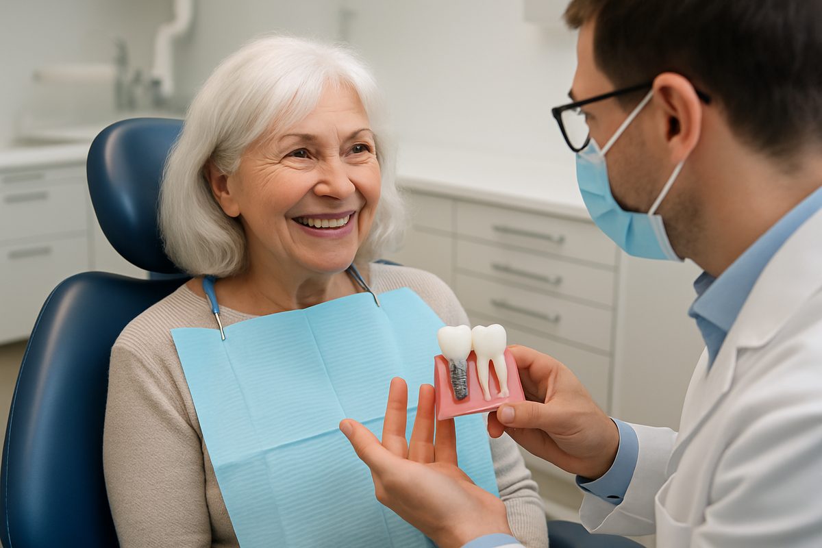 A smiling senior woman is sitting in a dental chair, talking to a dentist about options for "dental implants Maryland" - no text on image.