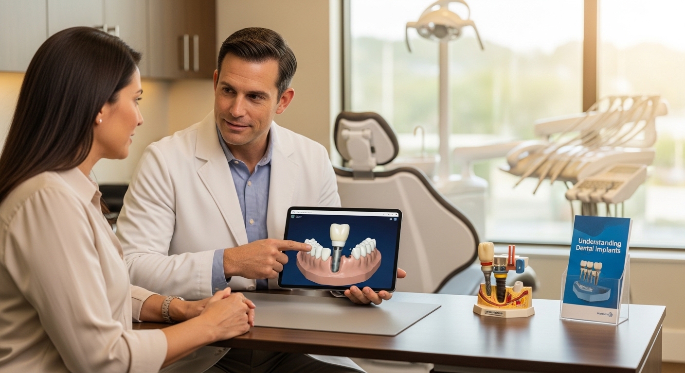 Patient consultation discussing molar dental implants in a modern dental office