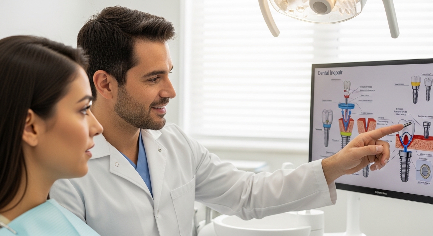 Dentist consulting with a patient about dental implant repair options