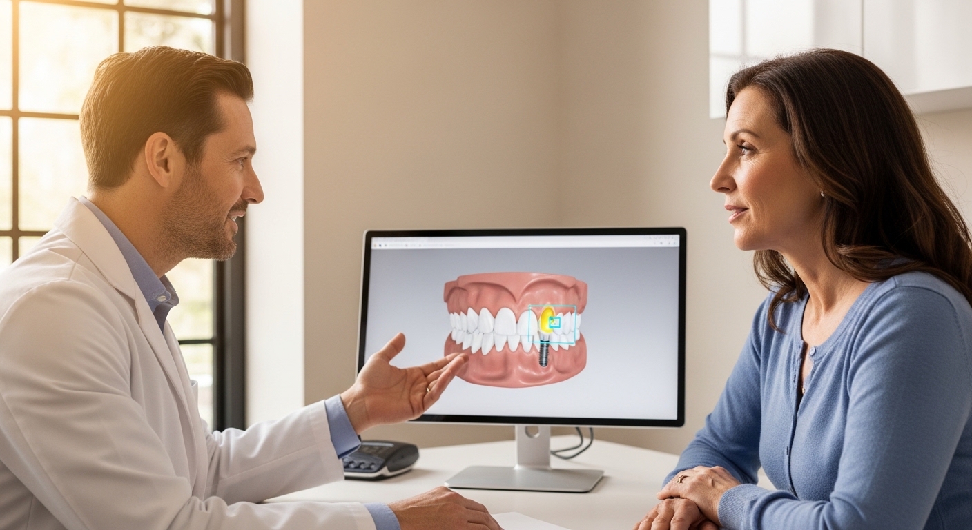 Dental implant consultation with patient and dentist in a modern clinic.